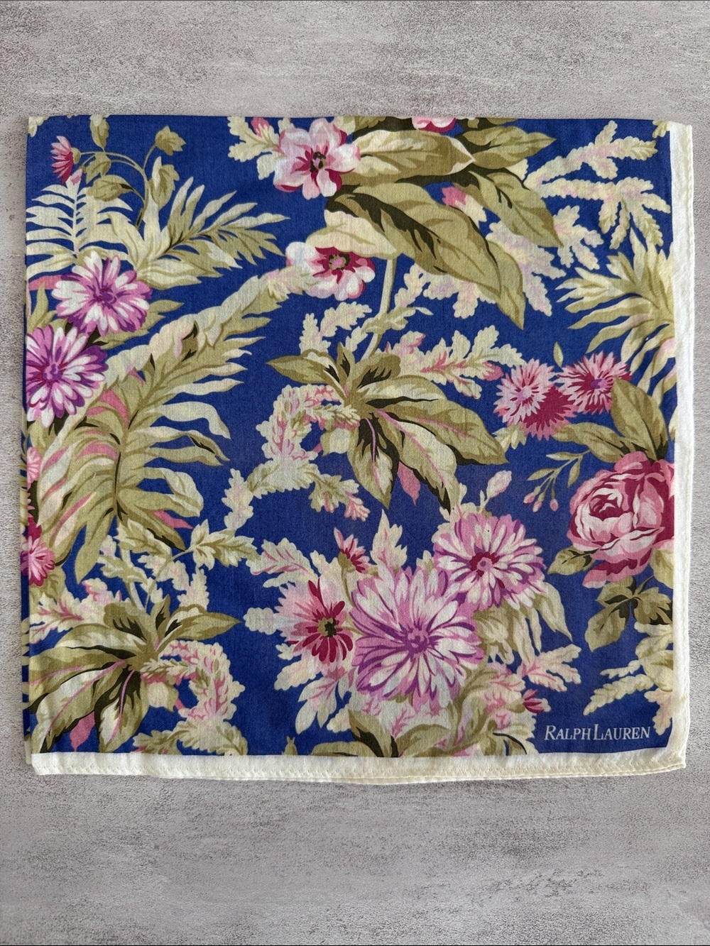 Ralph Lauren Blue Floral cotton Scarf with Pink Blooms